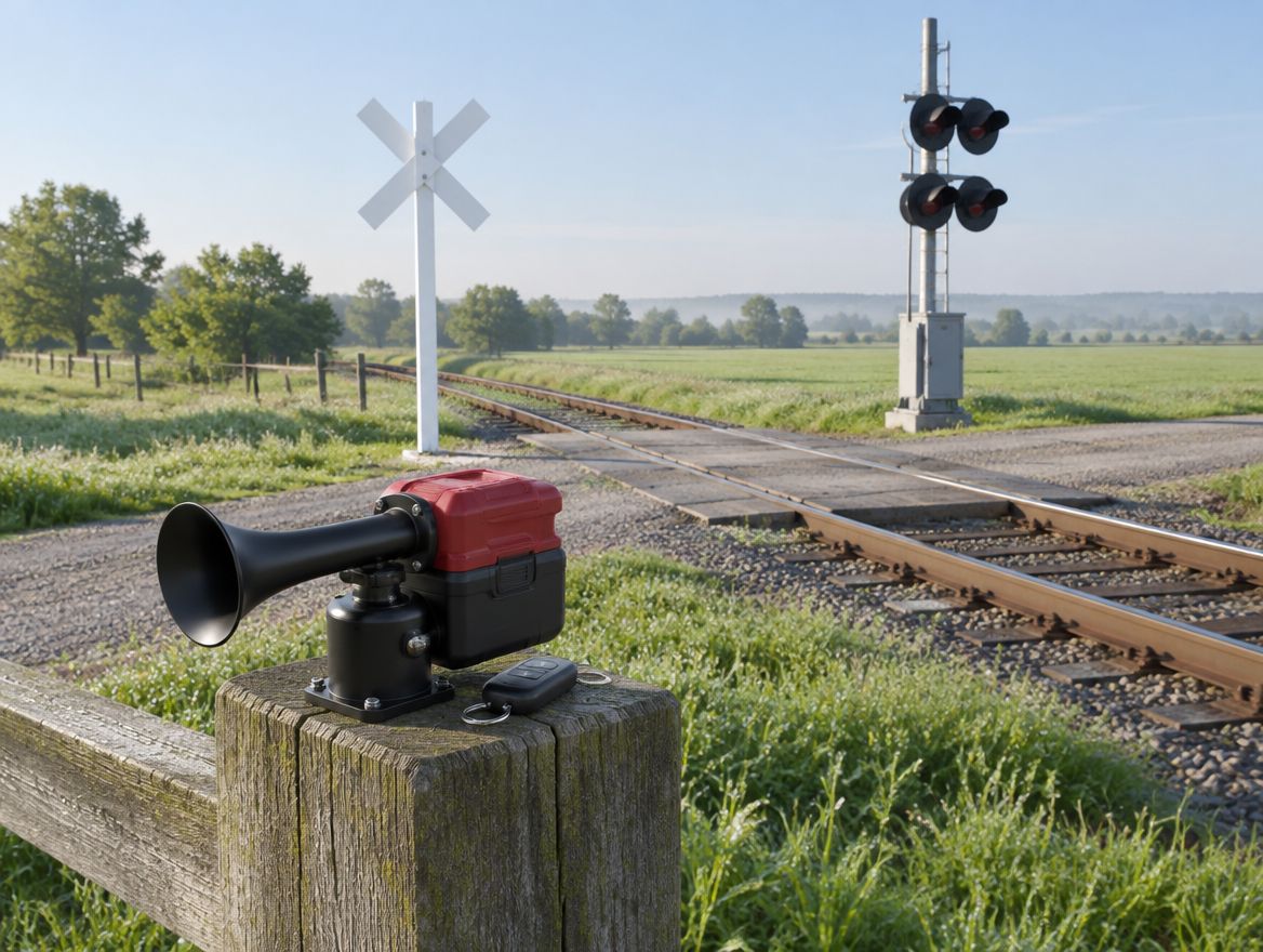 A train horn with a red cordless battery pack sits on a fence post beside a rural crossing with a crossbuck and signal mast.