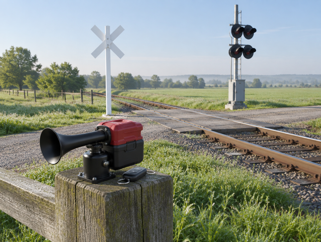 A train horn with a red cordless battery pack sits on a fence post beside a rural crossing with a crossbuck and signal mast.