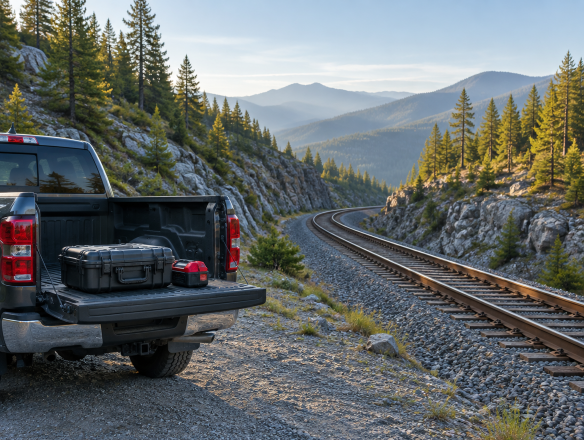 Pickup tailgate with a red cordless battery pack beside a mountain railway cutting and pine forest at morning