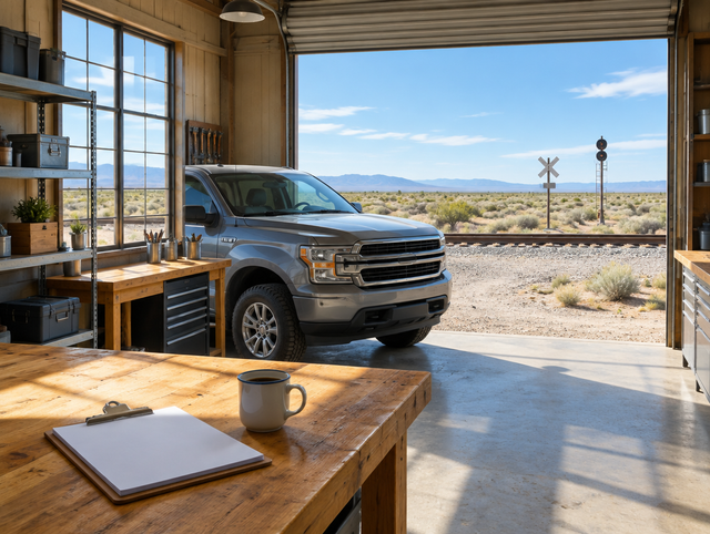 Sunlit trackside workshop with a pickup truck in the open bay and a desert rail line crossing scrub beyond.