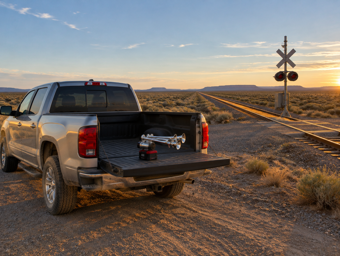A silver pickup parked by a desert rail crossing at sunset, with a battery-powered train horn on its lowered tailgate.
