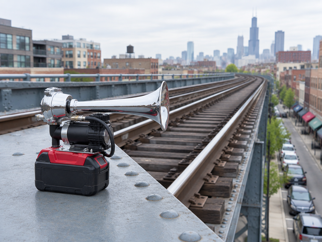 Cordless air horn with a red-and-black tool battery on a ledge beside the rails of an elevated city viaduct