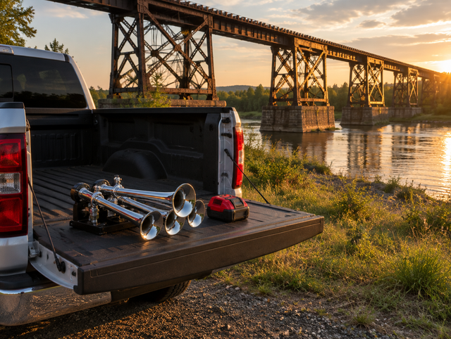 A chrome train horn and red cordless battery on a pickup tailgate beside a steel railway trestle bridge at sunset.