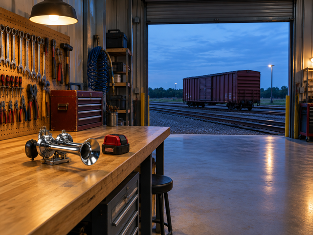 A tidy railway workshop at dusk with a chrome air horn and red battery pack on a bench, open door facing the tracks.