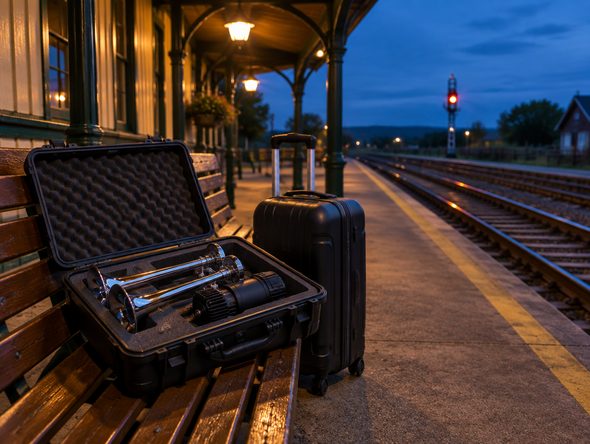 Open travel case with a chrome train horn on a station platform bench at dusk under warm canopy lamps.