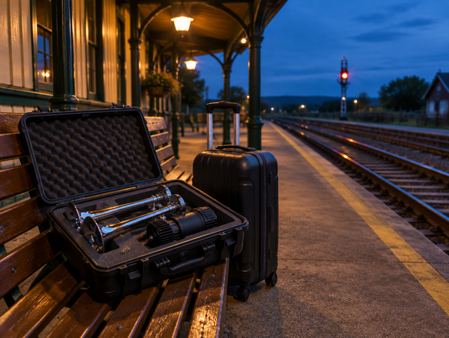 Open travel case with a chrome train horn on a station platform bench at dusk under warm canopy lamps.