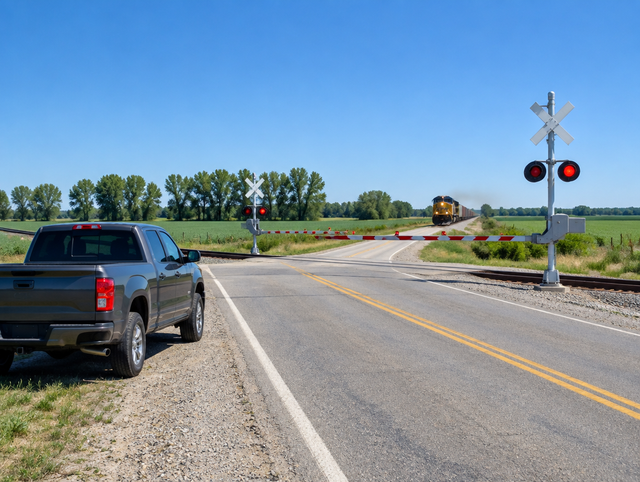 A pickup truck waits on a rural road near a grade crossing with a lowered gate as a distant locomotive approaches.