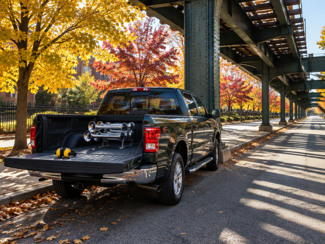Pickup truck with chrome train horns and earmuffs on its tailgate, parked under an elevated rail viaduct in autumn