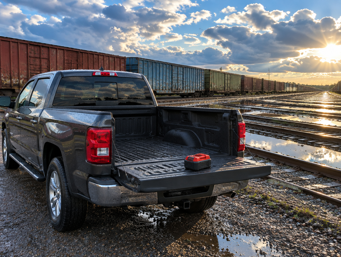 Clean pickup with a red cordless battery on its tailgate, parked by wet freight yard tracks and boxcars after rain.