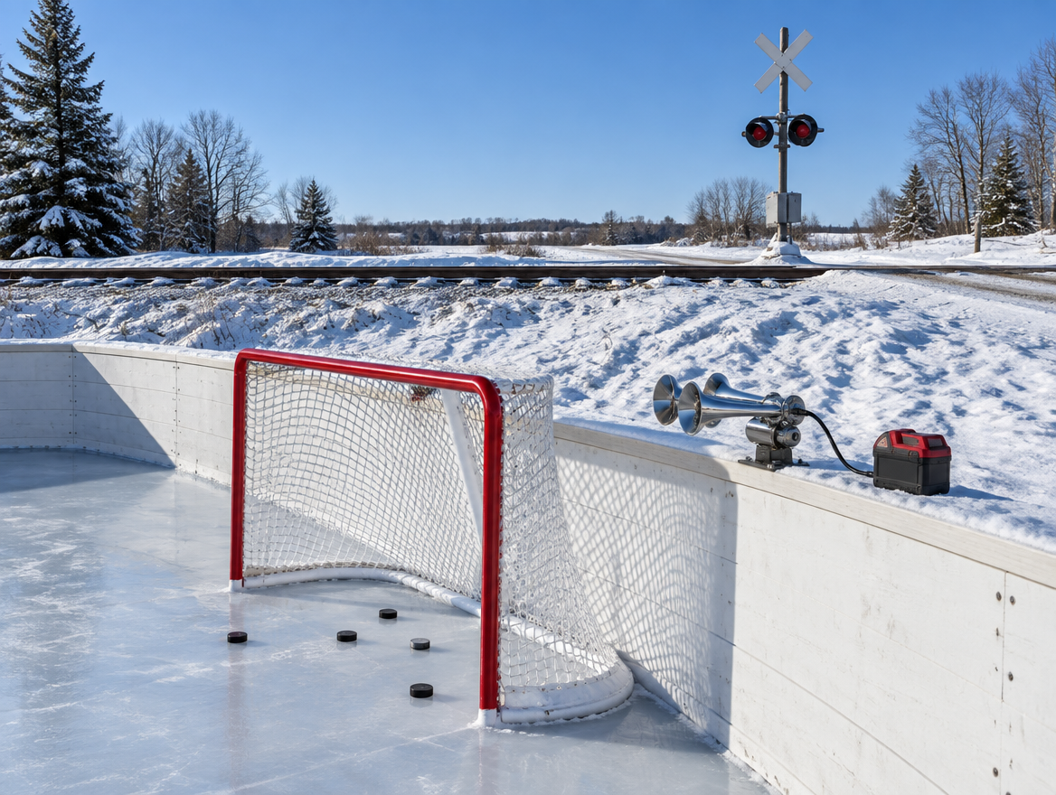 Backyard ice rink with a hockey goal and a battery-powered train horn on the boards, with a snowy railway track behind.