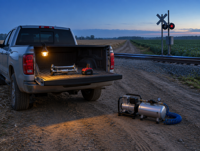 Pickup at a dusk farm rail crossing, tailgate holding a compact battery train horn next to a compressor and air tank kit