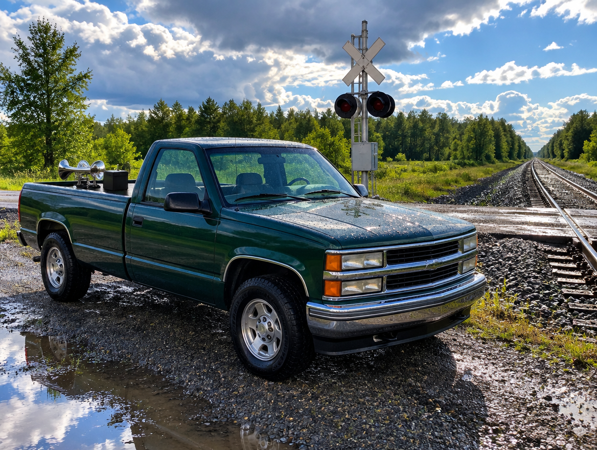 Pickup truck parked by a wet railroad crossing after rain, with a compact chrome horn unit in its bed.