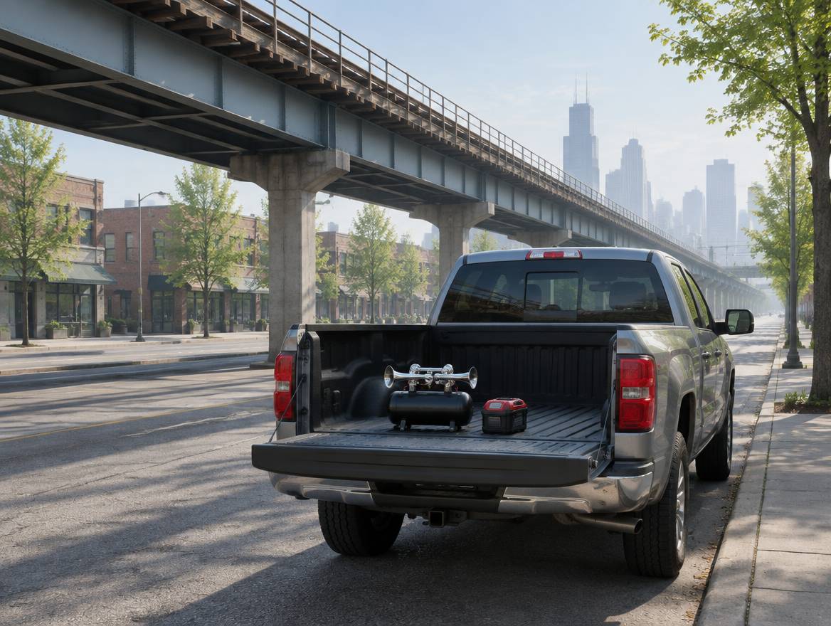 A pickup truck holding a battery-powered train horn is parked under an elevated rail viaduct on a hazy city morning.