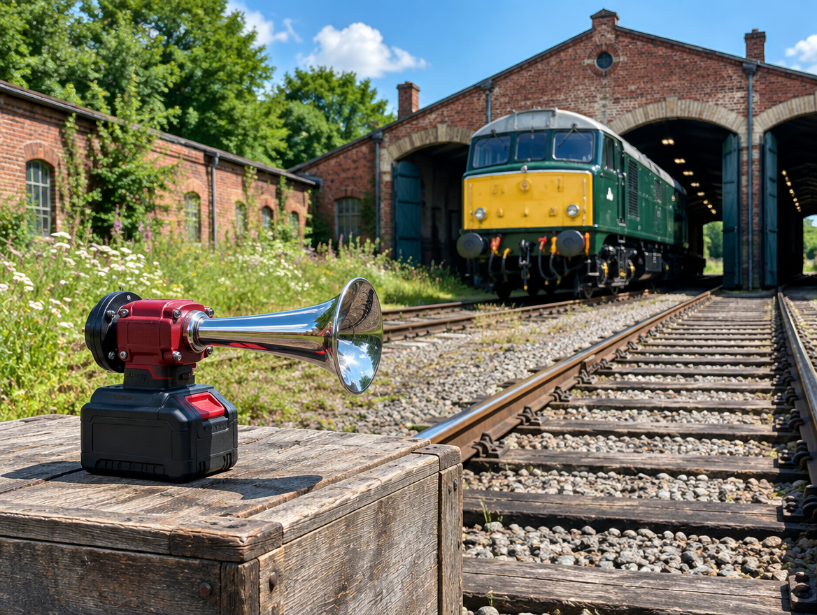 A red-battery train horn on a crate beside the rails outside an old brick engine shed with a locomotive on a sunny day