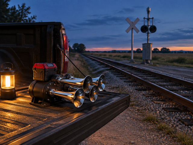 A quad train horn with a red battery pack on a pickup tailgate beside a rural rail crossing at dusk