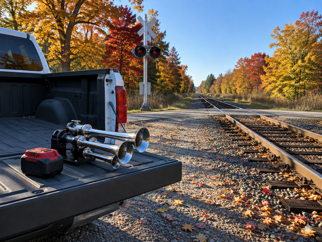 Chrome train horn and red cordless battery on a pickup tailgate beside a rural railroad crossing in autumn