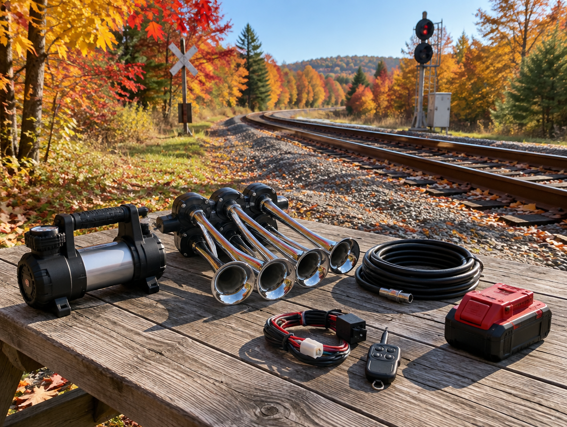 Portable four-trumpet air horn kit and red 18V battery laid out on a table beside an autumn railway line.