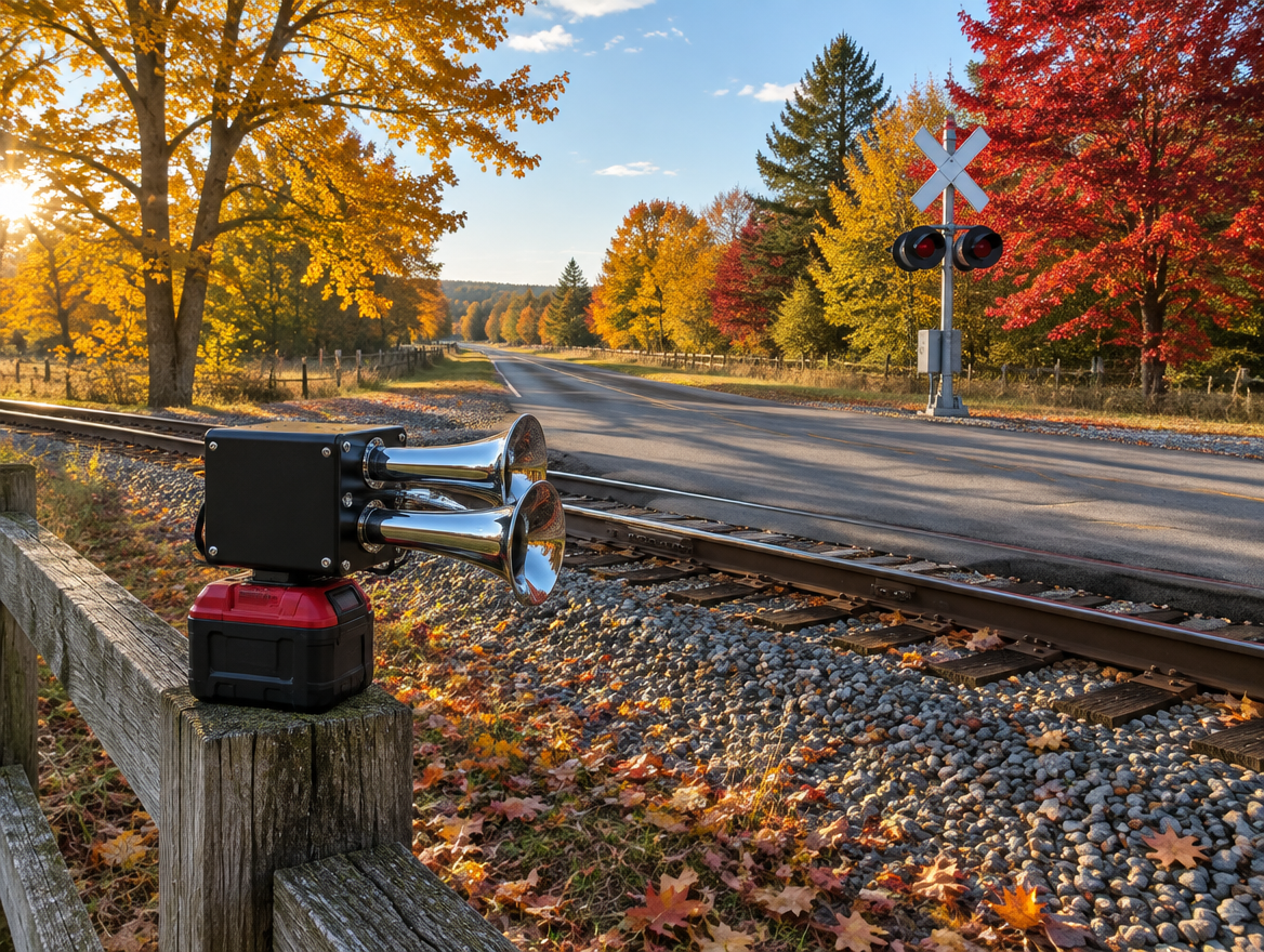A homemade horn with chrome trumpets and a red battery pack on a fence post by a rural rail crossing in autumn.