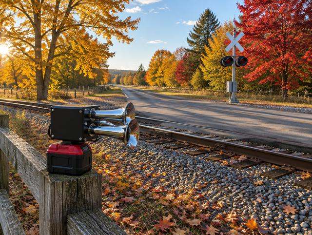 A homemade horn with chrome trumpets and a red battery pack on a fence post by a rural rail crossing in autumn.