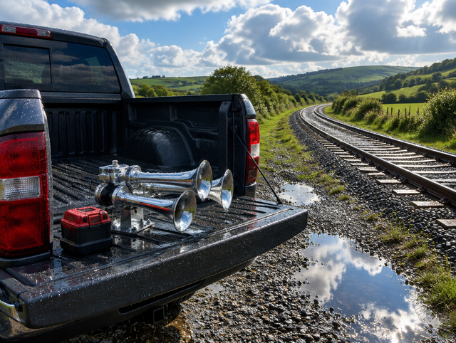 Pickup tailgate with a chrome train horn and red cordless battery beside a wet railway curving through green hills.