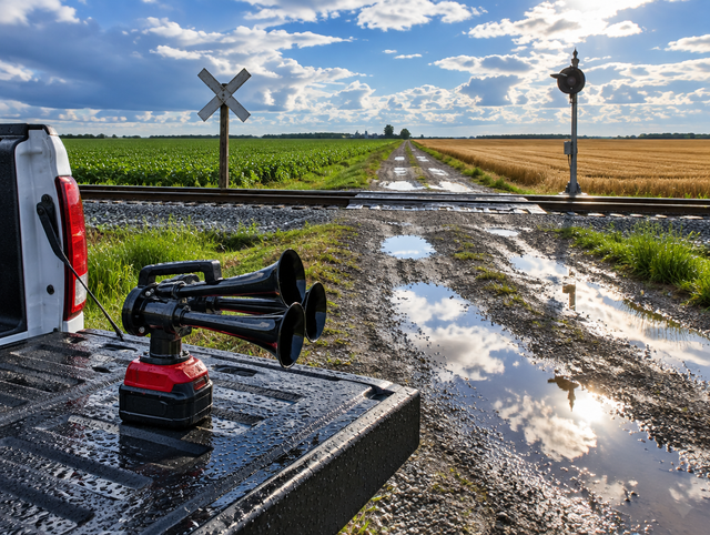 Portable train horn on a red and black tool battery on a pickup tailgate at a wet farm railroad crossing after rain