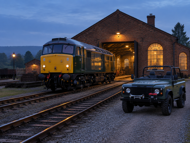 An open-top 4x4 with a bumper-mounted horn parked by an old brick engine shed and locomotive at dusk