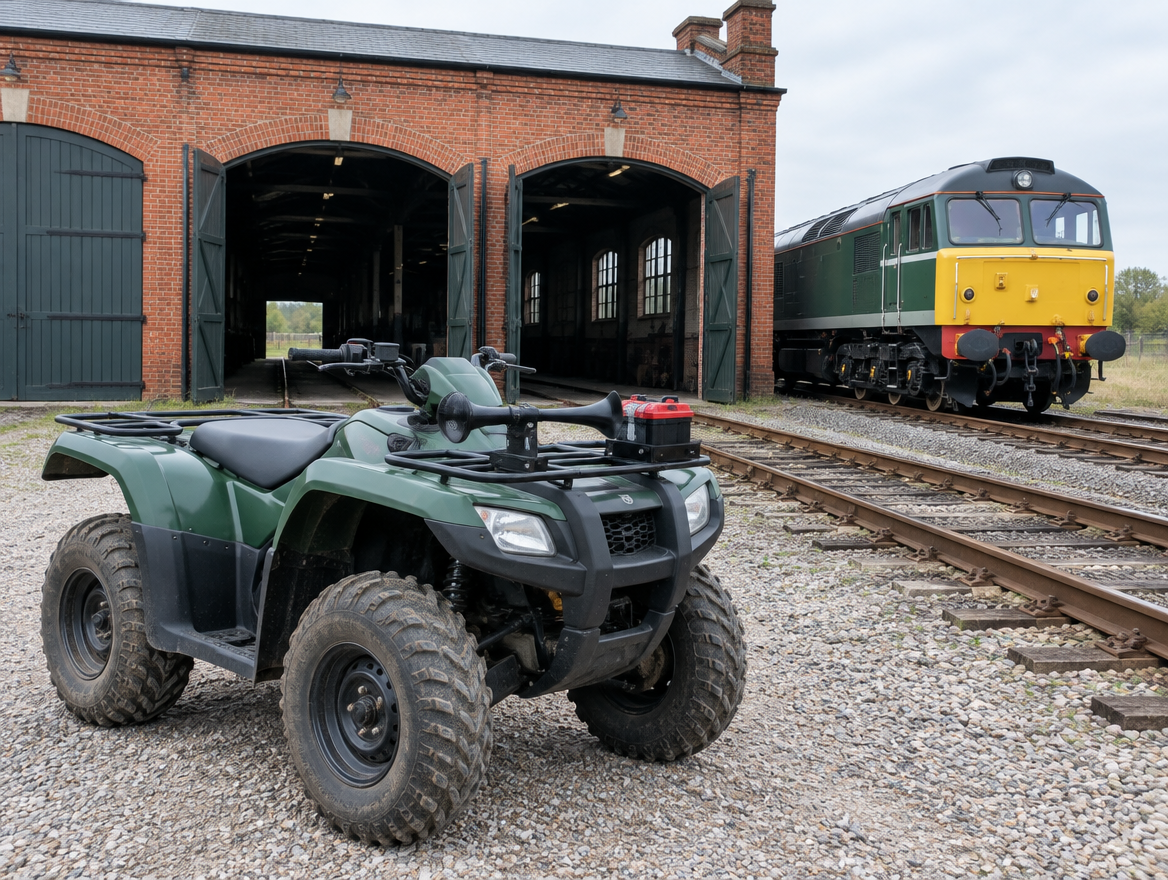 An ATV with a train horn and red battery pack on its rack, parked by a brick engine shed with a locomotive outside.