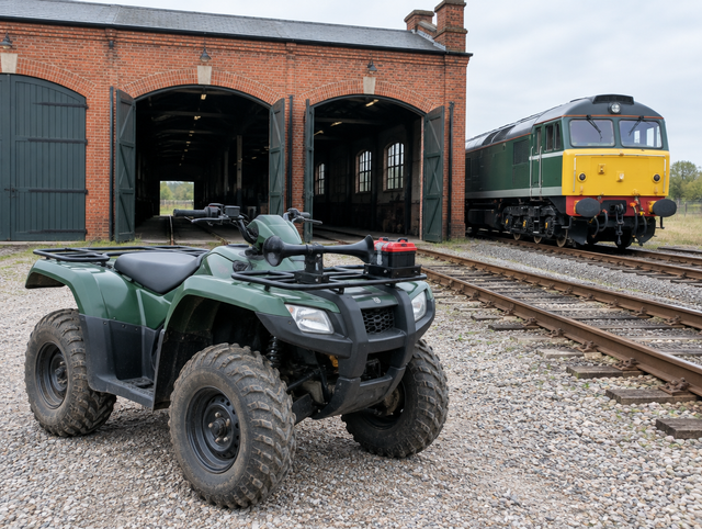 An ATV with a train horn and red battery pack on its rack, parked by a brick engine shed with a locomotive outside.
