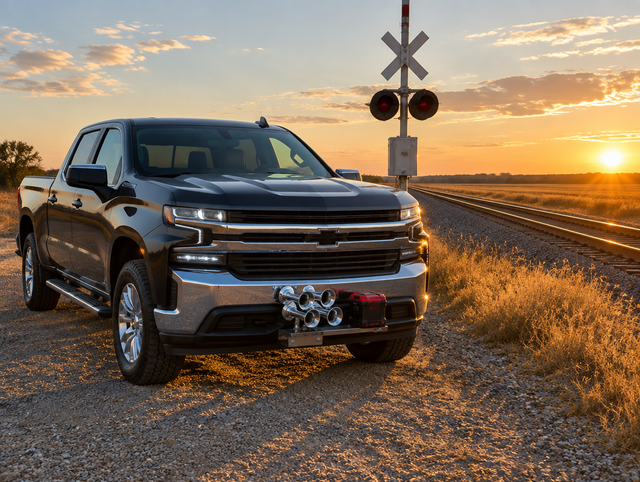 A pickup truck with a bumper-mounted train horn and a red cordless battery parked beside a railroad crossing at sunset.