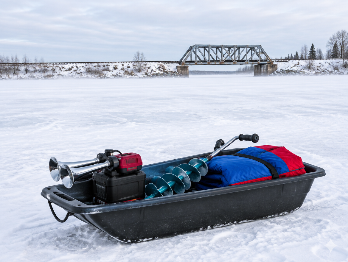 A sled with an air horn and red battery pack on a frozen lake, with a snowy rail embankment and bridge on the far shore.