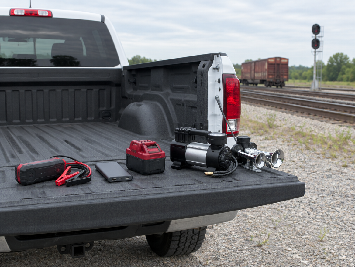 Jump starter, power bank, red tool battery and small air compressor on a pickup tailgate beside rail yard tracks.