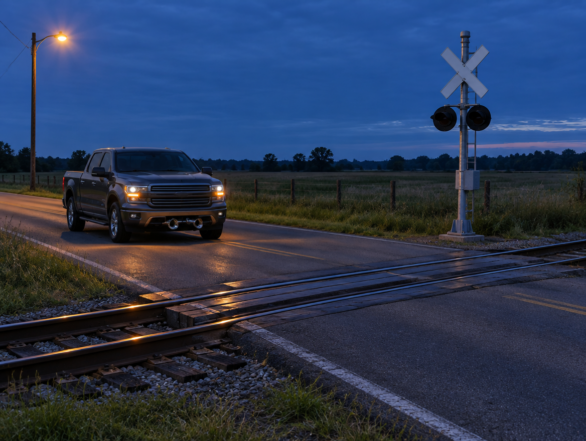 A pickup truck with chrome air horns under its bumper waits at a rural railroad crossing at dusk under a sodium lamp.