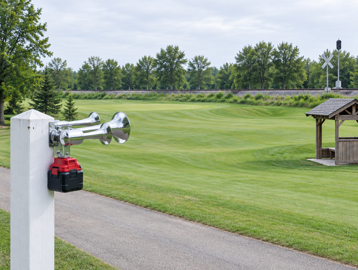Chrome horn with a red battery on a post by a golf fairway, a railway line and crossbuck along the far edge.
