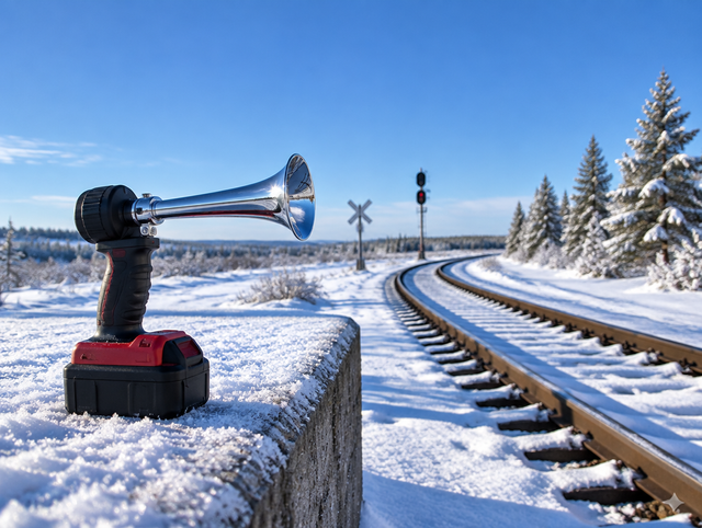 Handheld air horn with a red battery pack on a snowy railway platform, with rails and a crossbuck under a blue sky