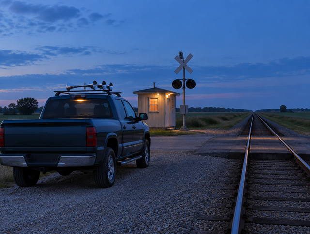 A pickup truck with chrome train horns parked at a rural railroad crossing at dusk, near a crossbuck and a glowing shed.
