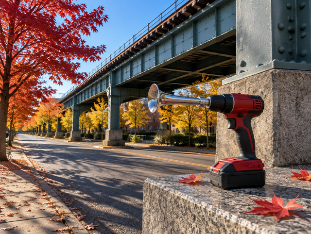 Cordless drill with a chrome horn attachment on a stone wall beneath an elevated railway viaduct on an autumn street