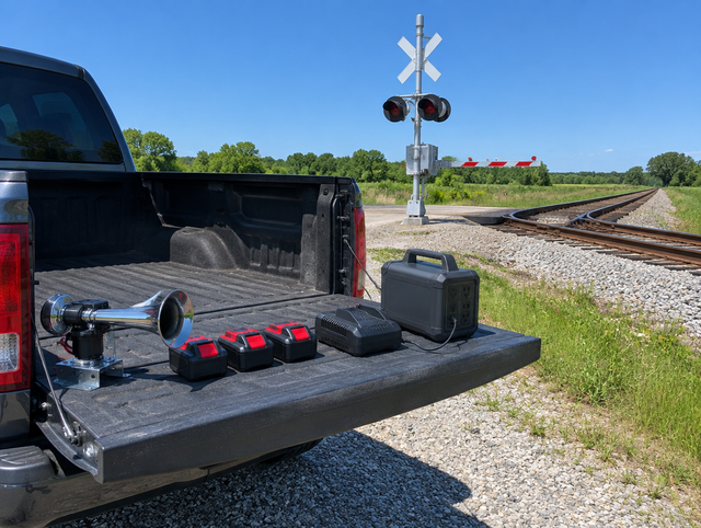 Red-topped cordless tool batteries and a charger on a pickup tailgate beside a sunny rural railroad crossing.