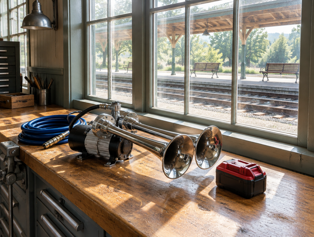 Sunlit station workroom bench with a chrome train horn and red cordless battery, with the platform and track visible outside.