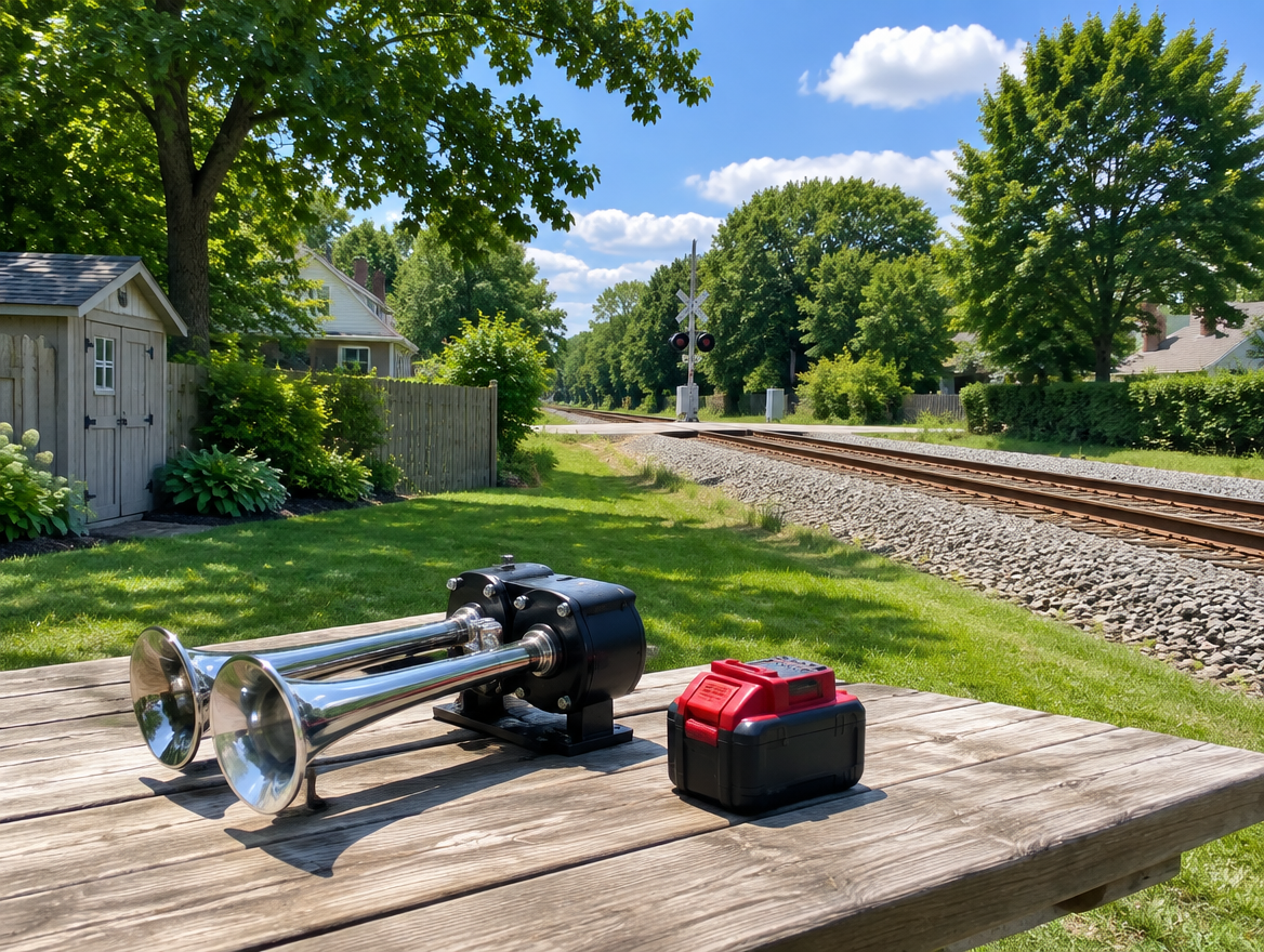 Train horn and red cordless battery on a picnic table behind suburban backyards next to a rail line and crossbuck.
