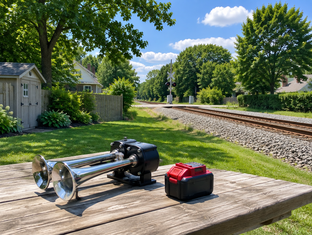 Train horn and red cordless battery on a picnic table behind suburban backyards next to a rail line and crossbuck.