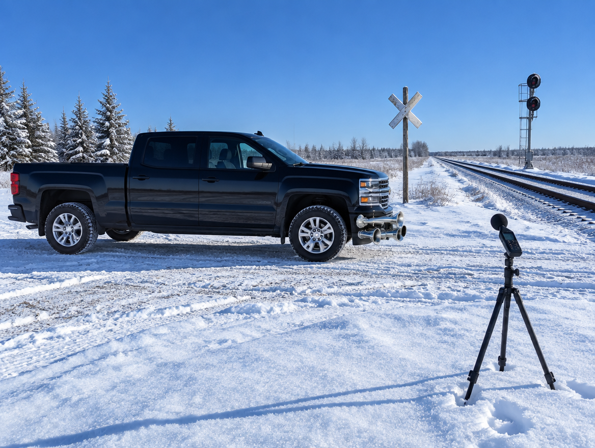 Pickup truck with chrome train horns and an SPL meter on a tripod in fresh snow beside a railway crossing