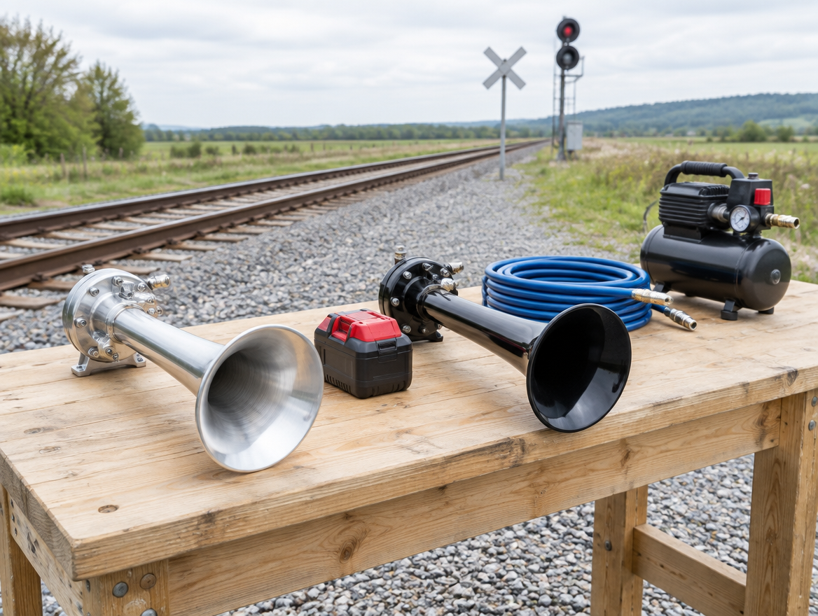 Metal and black plastic train horn trumpets on a trackside workbench beside a red cordless battery pack and rail line.