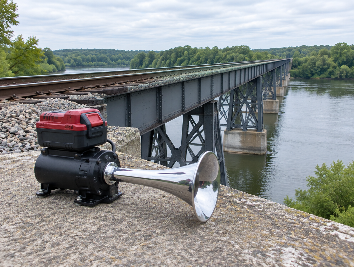 A compact train horn with a red and black cordless battery on a concrete abutment beside a steel trestle railway bridge.