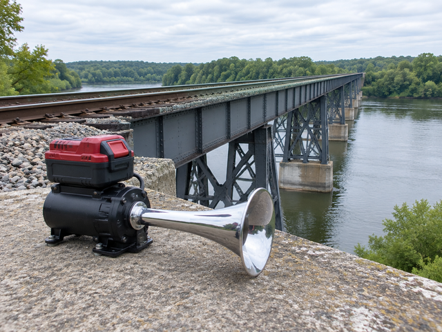A compact train horn with a red and black cordless battery on a concrete abutment beside a steel trestle railway bridge.