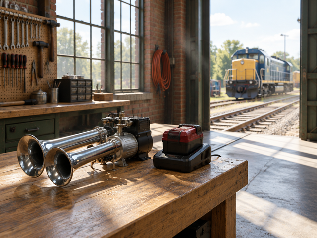 Train horn and red battery pack on a sunlit workbench in a brick engine shed, locomotive visible outside.