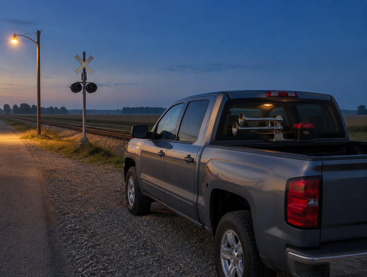 A pickup truck parked by a rural railroad crossing at dusk, with a train horn and red battery pack in the bed.