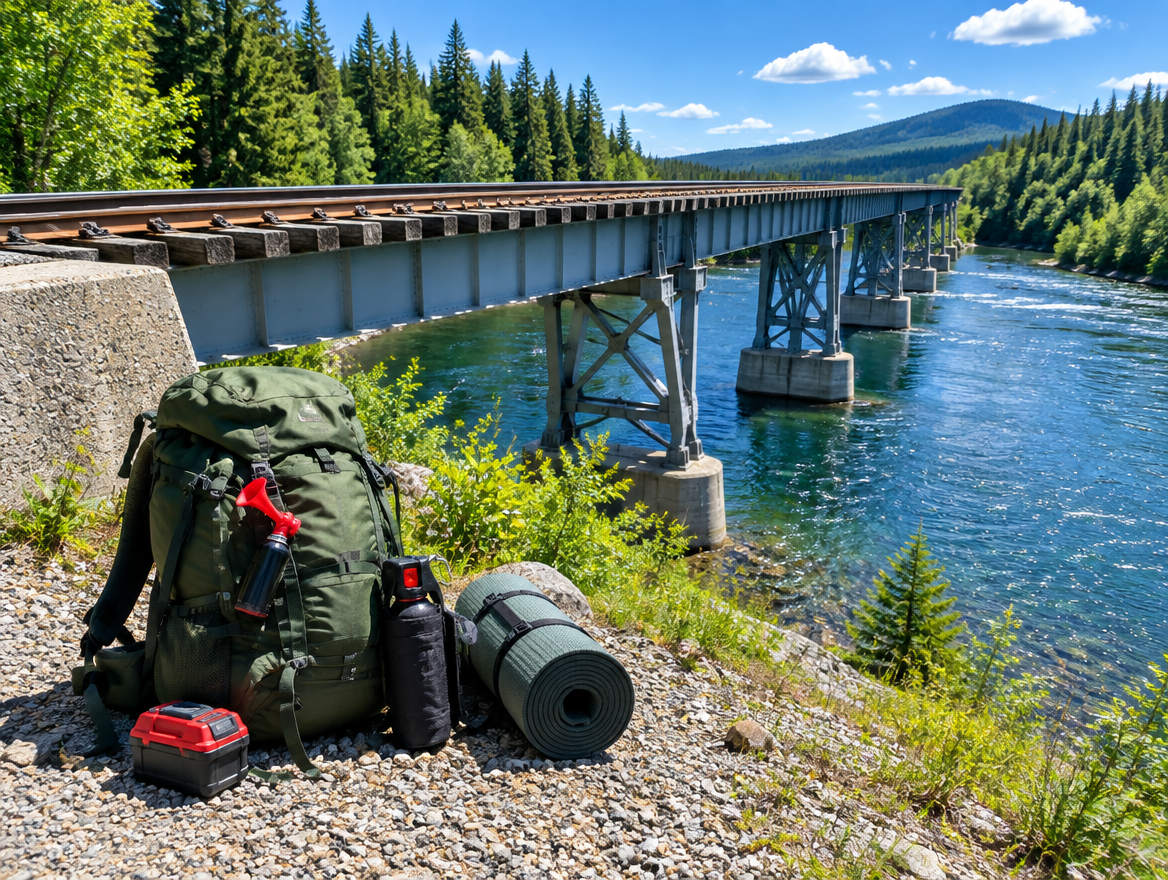 Hiking backpack with an air horn and red battery on a riverbank beside a steel railway trestle bridge in summer.