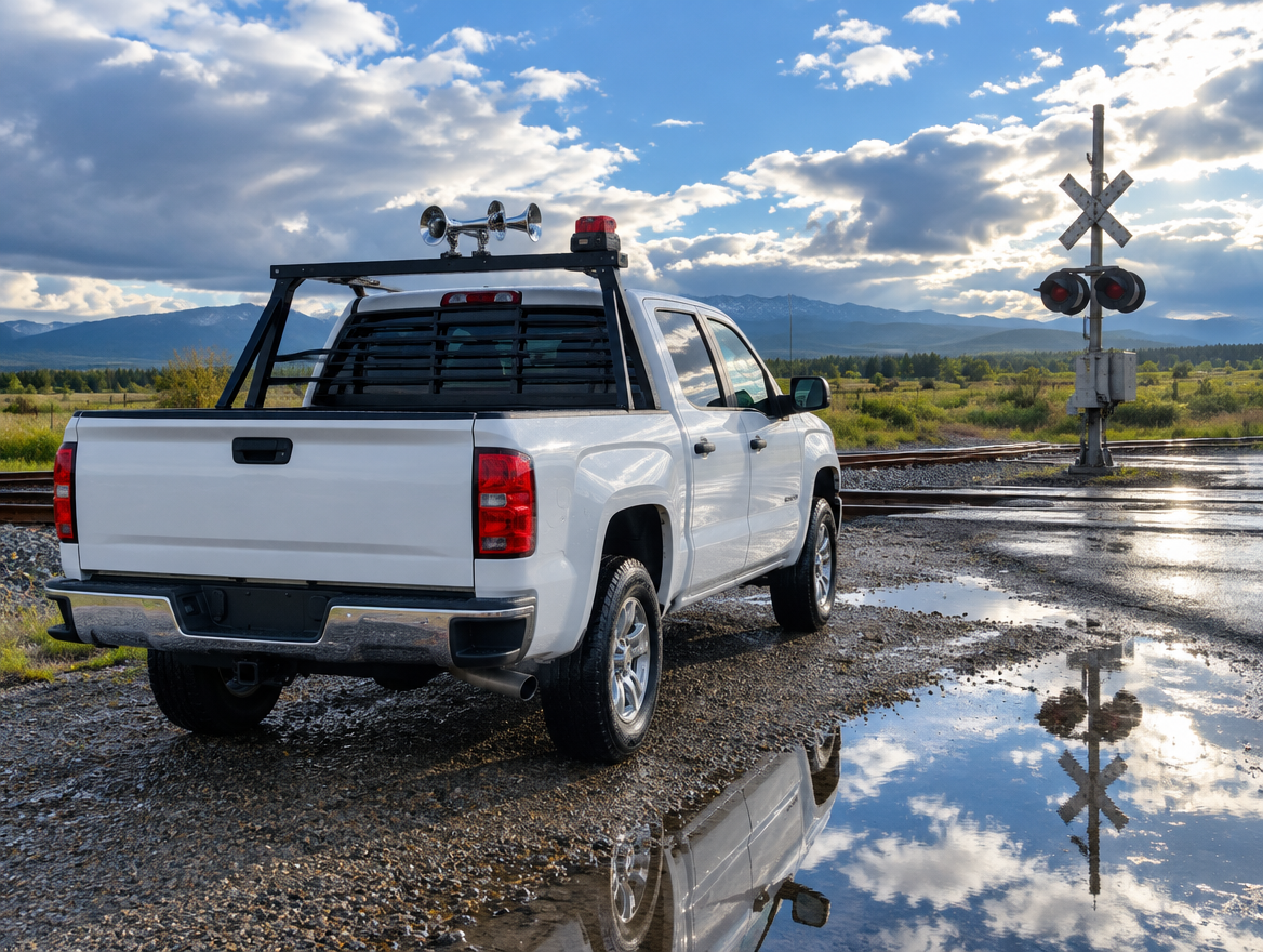 Pickup truck with train horns mounted high on a bed rack, parked by a wet railroad crossing after rain
