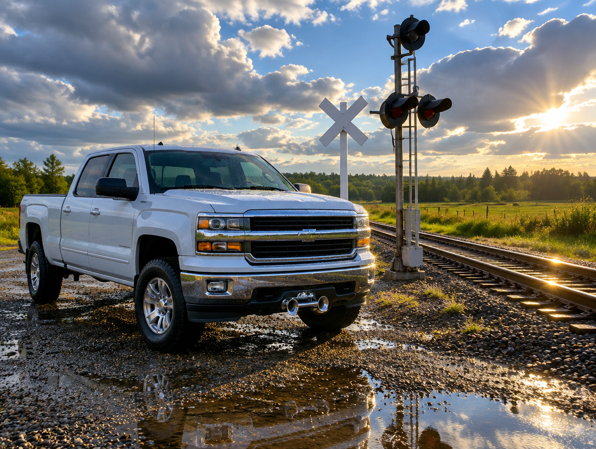 A clean pickup truck parked on wet gravel beside a rural rail crossing with a crossbuck and signal mast after rain.