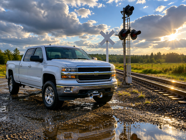 A clean pickup truck parked on wet gravel beside a rural rail crossing with a crossbuck and signal mast after rain.